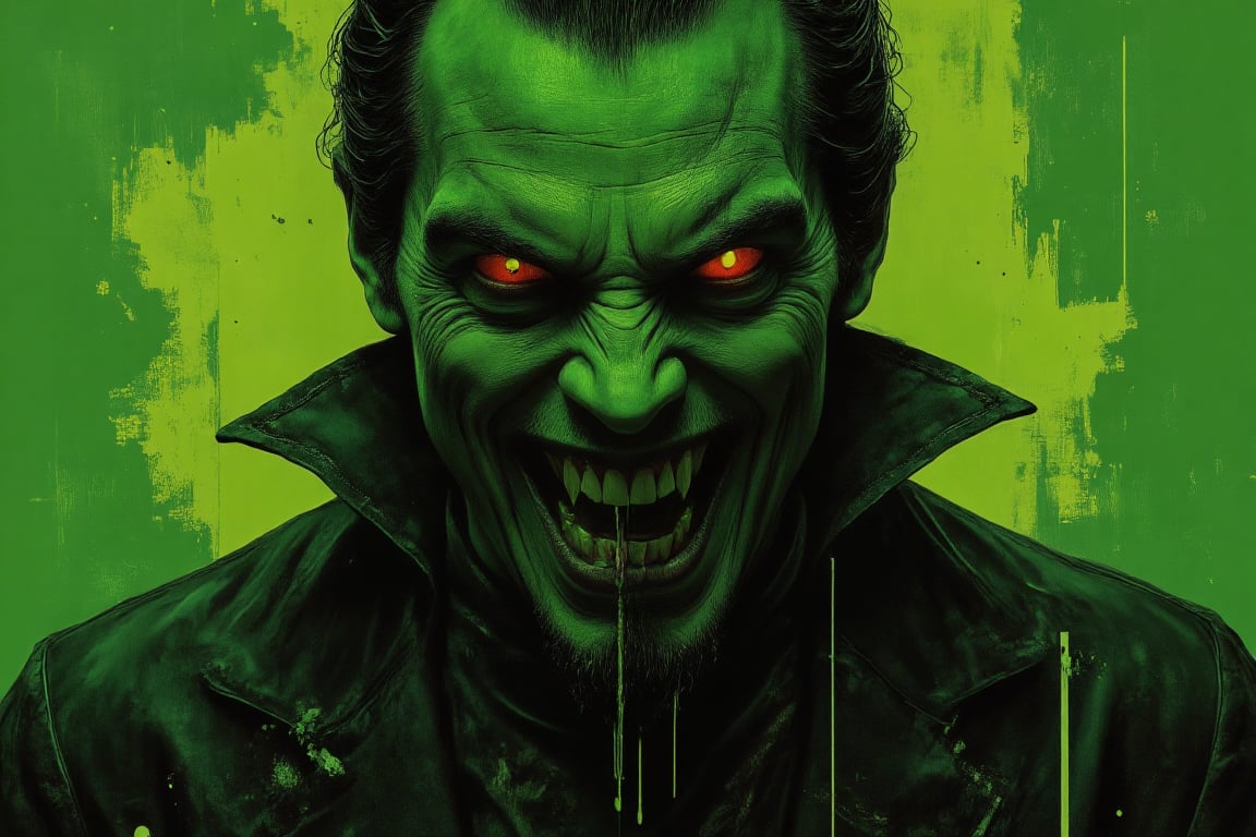 A portrait of Count Dracula with long, sharp canines, depicted in a neon green noir theme. His skin is pale, almost luminescent, contrasting with the deep shadows around him. The neon green hue casts an eerie glow on his sharp features, highlighting the sinister curve of his smile and his piercing eyes. The background is dark, shrouded in shadows with hints of neon green light cutting through, creating a spooky atmosphere. The overall scene is extra creepy, emphasizing Dracula's eerie presence with a modern twist on the classic vampire aesthetic.,CitrusShadow,EvilVampire