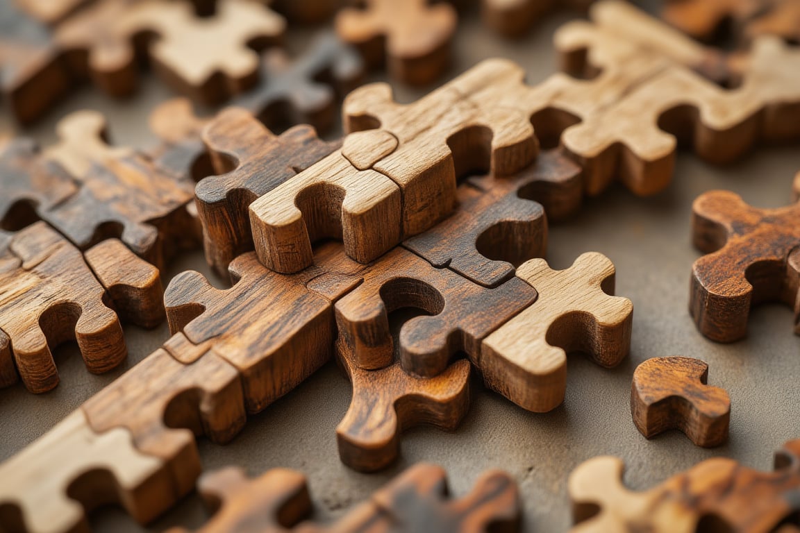 A high-resolution abstract composition featuring a blend of wood and jigsaw puzzle elements, with intricate wooden textures merging into geometric puzzle shapes. Soft ambient lighting highlights the warm tones of oak, walnut, and light pine, while the minimal background ensures focus on the textured and structured design.,JigsawPuzzle,WoodCraft