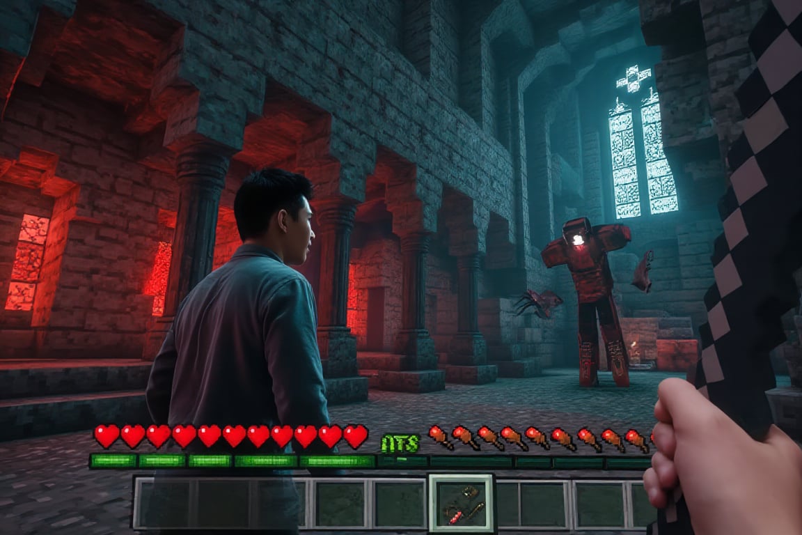 A realistic Asian man standing inside a grand, pixelated Minecraft cathedral, his expression tense as he faces a menacing vampire. His detailed, lifelike features contrast sharply with the blocky pillars and stained-glass windows of the cathedral, capturing a sense of urgency. The vampire, a mix of pixelated form and eerie details, hovers menacingly, its red eyes glowing within the digital shadows. The classic Minecraft interface is displayed on the screen, showing inventory options, health hearts, and food indicators, adding an immersive game-like element to the encounter. The cathedral's pixelated arches and intricate design merge with the realistic lighting that casts shadows and glows, creating a dramatic scene that blends the real and digital worlds, emphasizing the intensity of this supernatural confrontation.,RealCraft