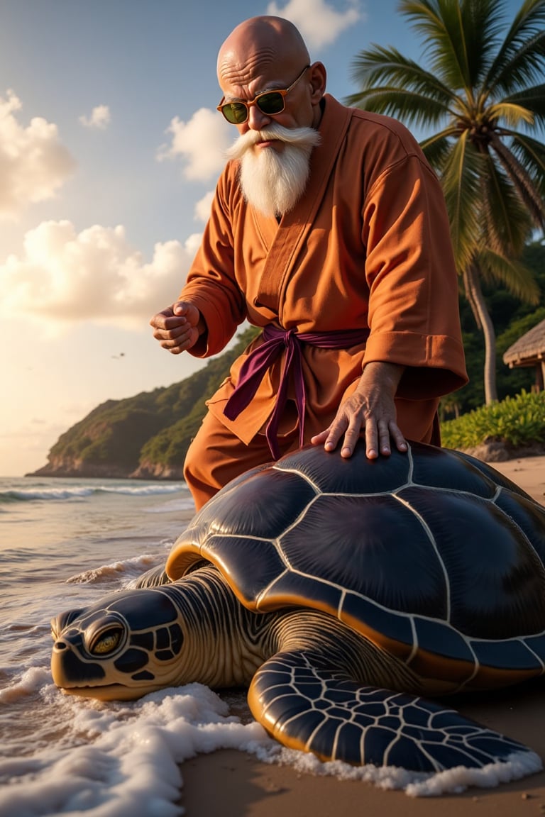 Roshi,  the iconic warrior monk from Dragon Ball,  looms large above a gargantuan marine turtle by user_779982163058686844...