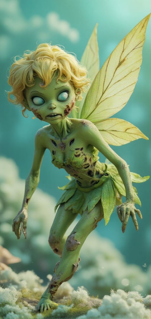 colorfull, vivid colors, inker bell from disney zombie, She is a zombie, whit rotten flesh
A tiny, delicate being, no larger than the palm of a hand, perches on a petal-soft cloud. Its slender figure, proportionate limbs, and light green skin seem almost ethereal in the soft, diffused lighting. Large, transparent wings, veined with bright green, flutter rapidly as it takes to the air, showcasing agility and speed. A tumble of curly, golden locks frames its face, contrasting with its emerald complexion. Intense blue eyes sparkle with curiosity and playfulness. Wearing skined dress made whit a leave , The dress is torn and destroyed and only part of it is left, revealing part of his pale and rotten body. 