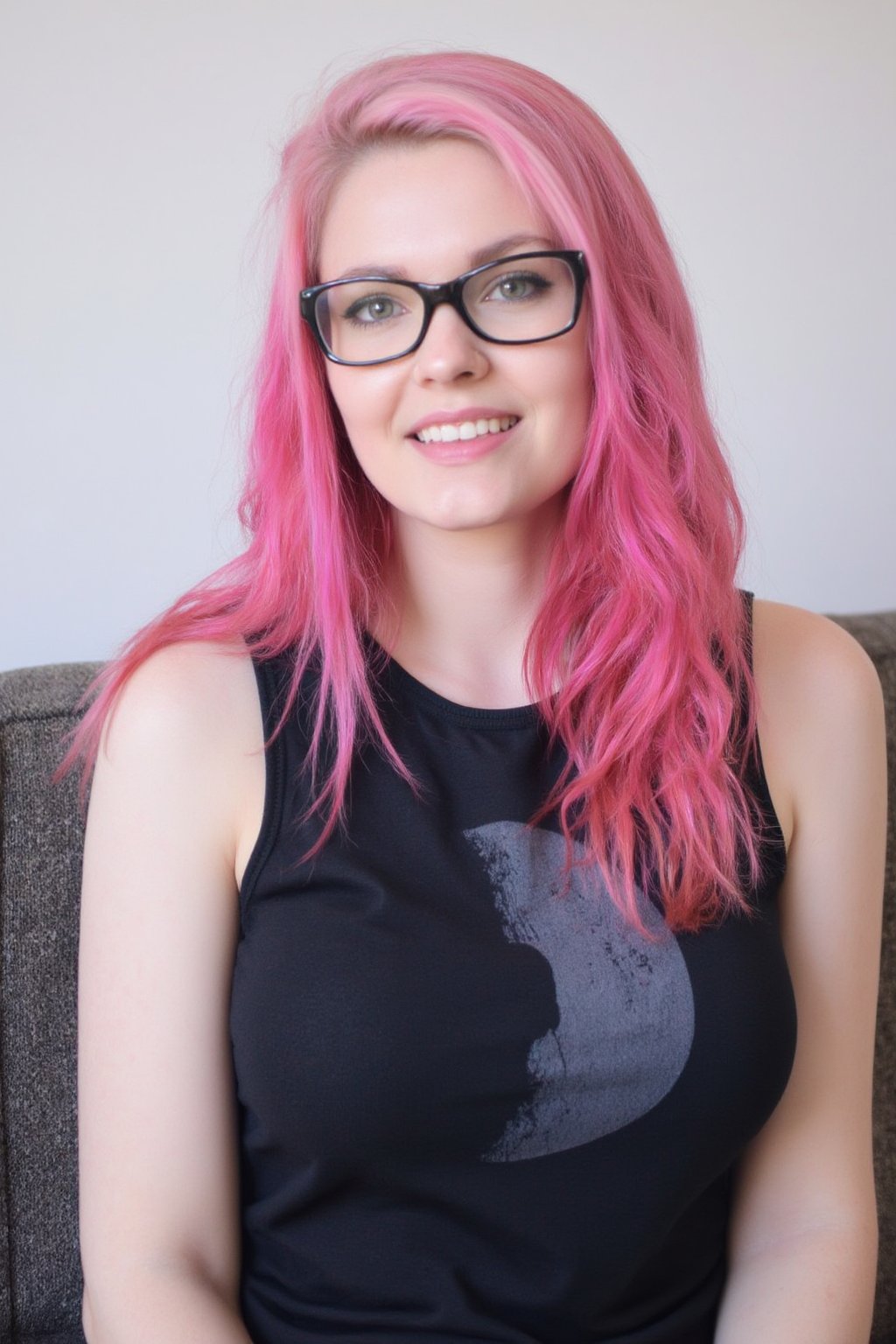 A photo of a 30yo Su1c1de_G1rls woman with very long pink hair.
She wears a tight fitted black sleeveless top made from smooth stretch fabric with a "Dark Side of the moon" print design. 