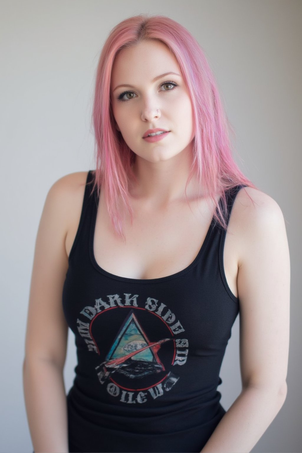 A photo of a 30yo Su1c1de_G1rls woman with very long pink hair.
She wears a tight fitted black sleeveless top made from smooth stretch fabric with a "Dark Side of the moon" print design. 