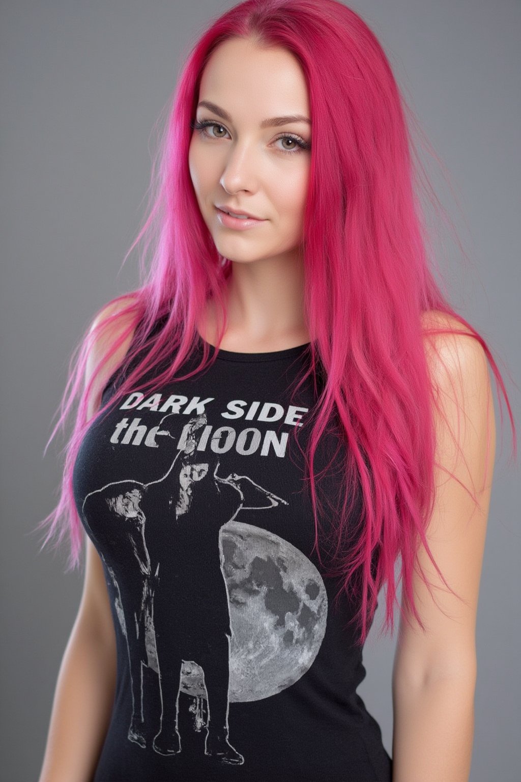 A photo of a 30yo Su1c1de_G1rls woman with very long pink hair.
She wears a tight fitted black sleeveless top made from smooth stretch fabric with a "Dark Side of the moon" print design. 