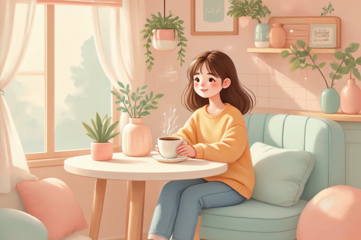 A cute, whimsical illustration of a girl relaxing in a cozy cafe. The cafe is filled with pastel tones, soft pinks, mint greens, and creamy whites. She sits by a window with a warm cup of coffee, surrounded by plush cushions and playful decor like hanging fairy lights and potted plants. The atmosphere is cozy and inviting, with soft, warm light streaming in, casting gentle shadows that enhance the whimsical charm of the scene,Whimsy Delight,3Dmorningcoffeegirl,EyeCandy