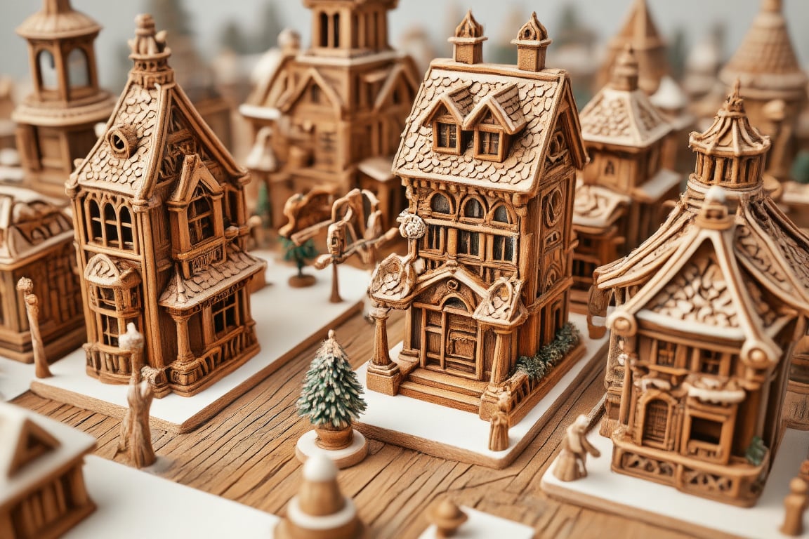 Masterpiece, Top Quality, High Resolution,Miniature Miniature model of A city built entirely of gingerbread and candy, with lollipop lampposts and candy cane railings, detailed model toys with a sense of reality, beautiful art UHD 8K, ultra-detailed miniature models,Whimsy Delight,WoodCraft