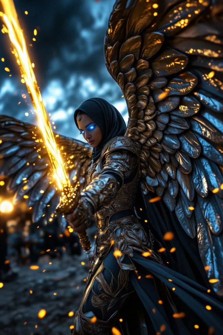 A powerful and dynamic scene of a long hijabi divine archangel in mid-action, slashing her radiant sword with blazing speed, adorned with gothic elements. The archangel is depicted with a flowing hijab and dark, ornate armor featuring intricate gothic engravings that shimmer with a faint blue glow. Her majestic wings spread wide behind her, each feather shimmering with a dark yet radiant, golden glow, casting light onto the stormy sky. The wings are immense and detailed, with gothic patterns etched in divine light, creating an aura of both mystery and majesty. Her eyes glow intensely with a vivid blue, piercing through the darkness with an otherworldly power. As she swings her sword, fiery and light trail effects follow the blade’s path, leaving streaks of blue-tinged flames and ethereal sparks. The scene is captured in a fast-speed time freeze, with embers and light streaks suspended in mid-air, emphasizing the intensity of her movement. Her expression is fierce and determined, reflecting a high battle spirit as she channels divine energy into the swing. The background features a dramatic sky with stormy clouds parting to reveal beams of blue and golden light, further highlighting the grandeur of her wings and gothic presence. The composition blends gothic style, strength, grace, and divine power, focusing on the majestic spread of her wings, the glow of her blue eyes, and the intricately dark elements that make this scene awe-inspiring and powerful.,Archangel,GothicGrace