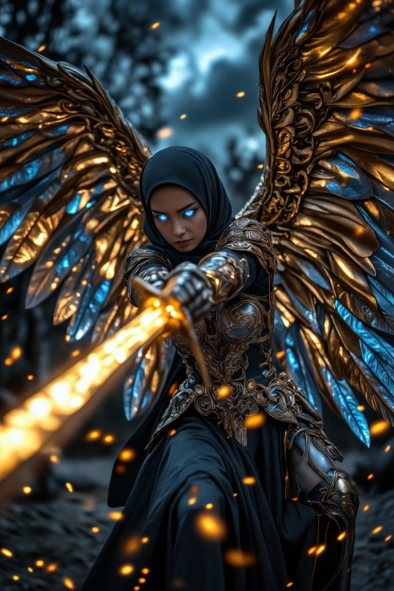 A powerful and dynamic scene of a long hijabi divine archangel in mid-action, slashing her radiant sword with blazing speed, adorned with gothic elements. The archangel is depicted with a flowing hijab and dark, ornate armor featuring intricate gothic engravings that shimmer with a faint blue glow. Her majestic wings spread wide behind her, each feather shimmering with a dark yet radiant, golden glow, casting light onto the stormy sky. The wings are immense and detailed, with gothic patterns etched in divine light, creating an aura of both mystery and majesty. Her eyes glow intensely with a vivid blue, piercing through the darkness with an otherworldly power. As she swings her sword, fiery and light trail effects follow the blade’s path, leaving streaks of blue-tinged flames and ethereal sparks. The scene is captured in a fast-speed time freeze, with embers and light streaks suspended in mid-air, emphasizing the intensity of her movement. Her expression is fierce and determined, reflecting a high battle spirit as she channels divine energy into the swing. The background features a dramatic sky with stormy clouds parting to reveal beams of blue and golden light, further highlighting the grandeur of her wings and gothic presence. The composition blends gothic style, strength, grace, and divine power, focusing on the majestic spread of her wings, the glow of her blue eyes, and the intricately dark elements that make this scene awe-inspiring and powerful.,Archangel,GothicGrace