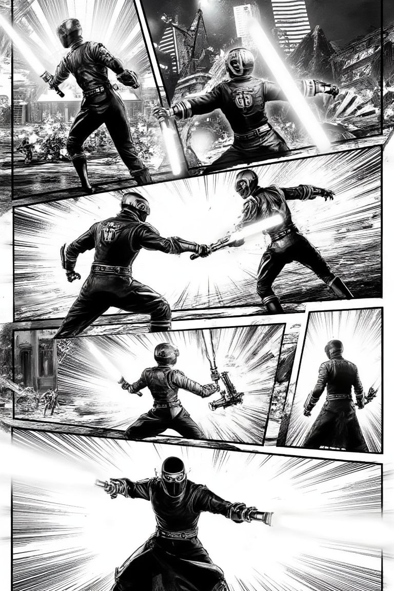 A black and white manga page composed of multiple dynamic panels illustrating an intense duel between two futuristic warriors wielding glowing energy swords. The scene is set against a high-tech cityscape backdrop, filled with towering structures and neon lights. Each panel captures dramatic action sequences with sharp lines, motion blur, and expressive facial features, emphasizing the speed and intensity of the combat. The warriors wear intricately designed armor with sleek, angular features, and the energy swords emit bright light that contrasts with the monochrome setting, adding visual impact to the battle,Lightsaberweapon,Lightsaberpose