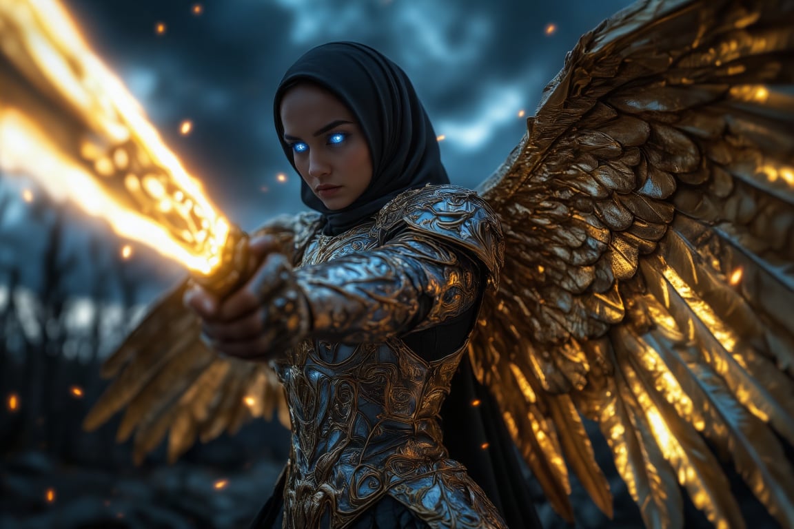 A powerful and dynamic scene of a long hijabi divine archangel in mid-action, slashing her radiant sword with blazing speed, adorned with gothic elements. The archangel is depicted with a flowing hijab and dark, ornate armor featuring intricate gothic engravings that shimmer with a faint blue glow. Her majestic wings spread wide behind her, each feather shimmering with a dark yet radiant, golden glow, casting light onto the stormy sky. The wings are immense and detailed, with gothic patterns etched in divine light, creating an aura of both mystery and majesty. Her eyes glow intensely with a vivid blue, piercing through the darkness with an otherworldly power. As she swings her sword, fiery and light trail effects follow the blade’s path, leaving streaks of blue-tinged flames and ethereal sparks. The scene is captured in a fast-speed time freeze, with embers and light streaks suspended in mid-air, emphasizing the intensity of her movement. Her expression is fierce and determined, reflecting a high battle spirit as she channels divine energy into the swing. The background features a dramatic sky with stormy clouds parting to reveal beams of blue and golden light, further highlighting the grandeur of her wings and gothic presence. The composition blends gothic style, strength, grace, and divine power, focusing on the majestic spread of her wings, the glow of her blue eyes, and the intricately dark elements that make this scene awe-inspiring and powerful.,Archangel,GothicGrace