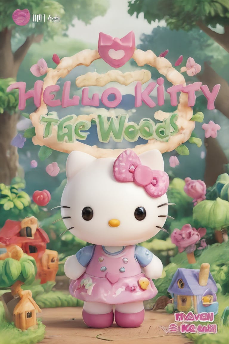 manga cover of hello kitty 3D manga entitled "HELLO KITTY & THE WOODS", white and pink color theme, dreamy house in the woods background,3d animation style,3DChibiHelloKitty,MangaCover