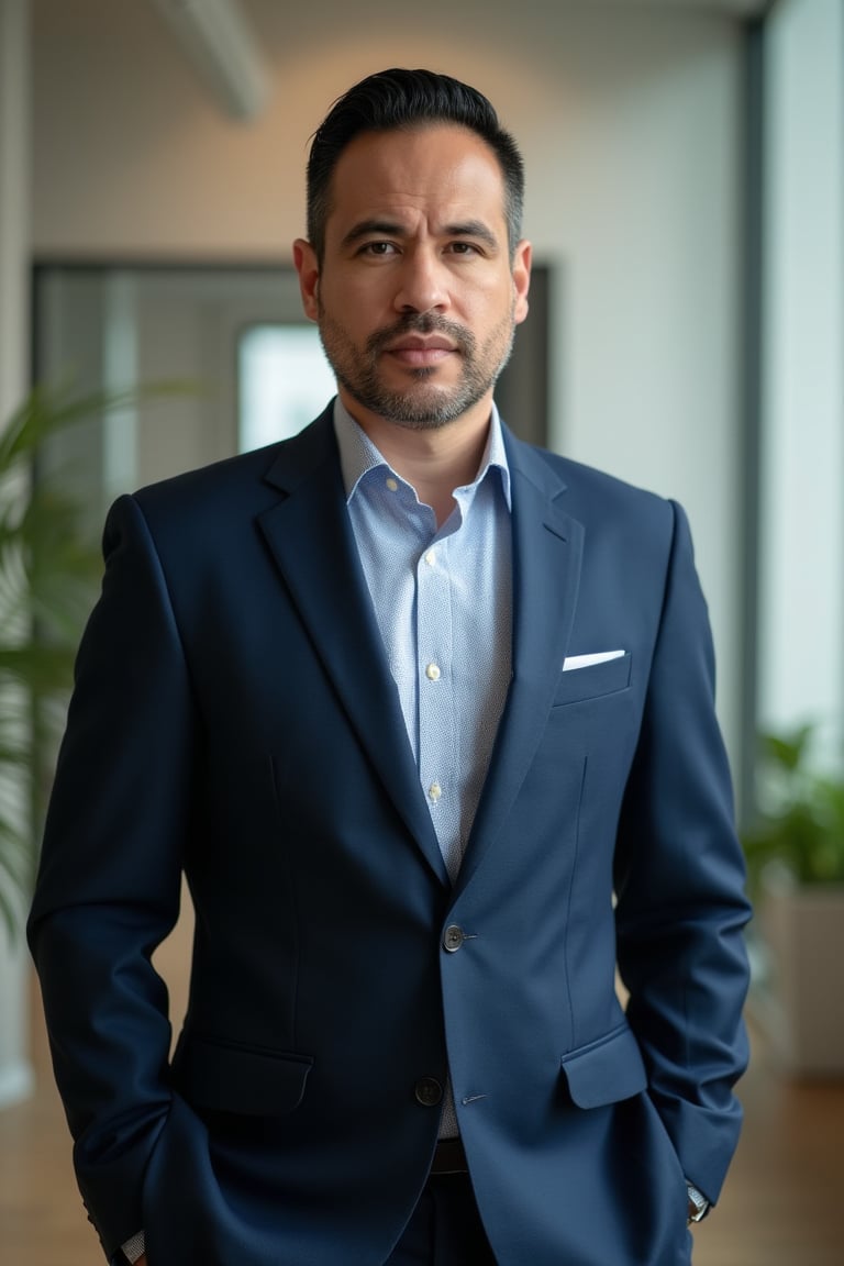 A well-dressed man in a sharp executive suit,  standing confidently in a modern office setting. The shot is framed from th...