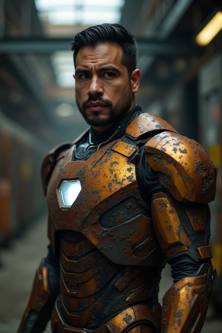 A man wearing an oxidized Ironman suit,  standing in a gritty,  industrial environment. The shot is framed from mid-torso...