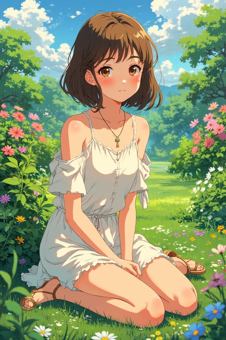 tdxfg40,gvliiv1. Anime art. Studio Ghibli official illustration. A Beautiful young Asian woman, 22yo, stunning, shoulder-length brown hair, detailed face, curvaceous body, slender legs, detailed skin texture, necklace, loose dress, sandals, flower garden, sunlight, vivid colors flowers surrounding, legs aside sitting on grass ground, charming smile face, from front side, full body focus, highly details, high contrast.