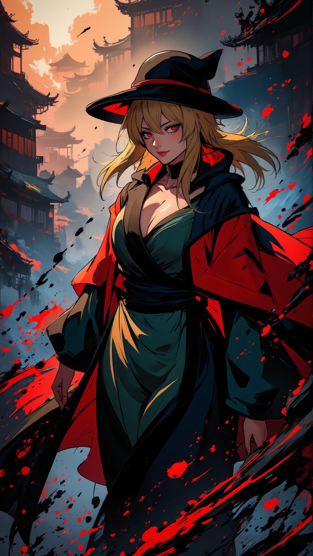 A dramatic 8KUHD scene: Tsunade's regal figure emerges from the shadows, donning her iconic Hokage cloak and hat, as a tumultuous storm of swirling black ink splatters surrounds her. The wind-whipped inks dance across the frame, framing Tsunade's stoic pose with dynamic energy, while the dark hues accentuate her determined expression.,Tsunade of Naruto,Tsunade Senju,elegant ink splatter,k5n95.