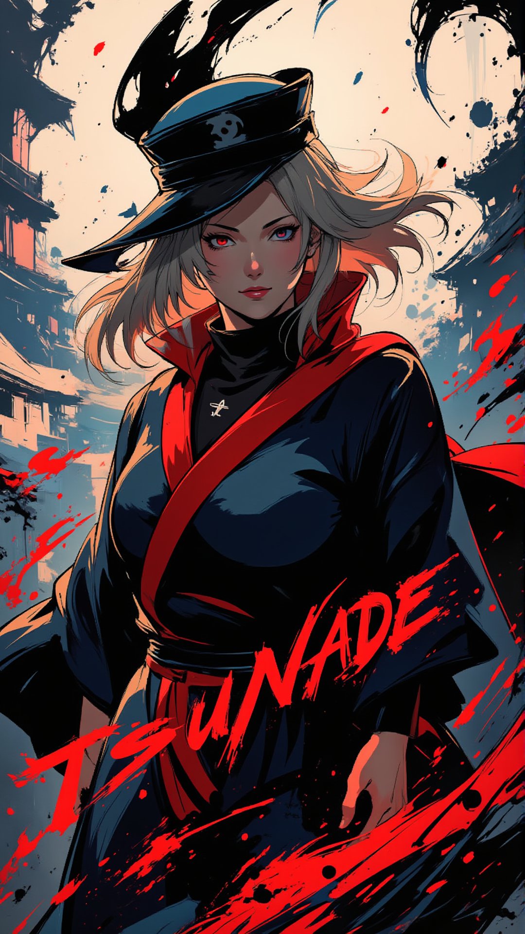 8KUHD. majestic Tsunade emerges from the shadows, draped in her regal Hokage cloak and hat, as a tempestuous storm of swirling black ink erupts around her. The windswept inks swirl across the frame, dynamic energy framing Tsunade's stoic pose, while dark hues emphasize her resolute expression. In the lower third, bold brushstrokes spell out 'TSUNADE' in stark contrast to the surrounding chaos.Tsunade of Naruto,Tsunade Senju,elegant ink splatter,k5n95.