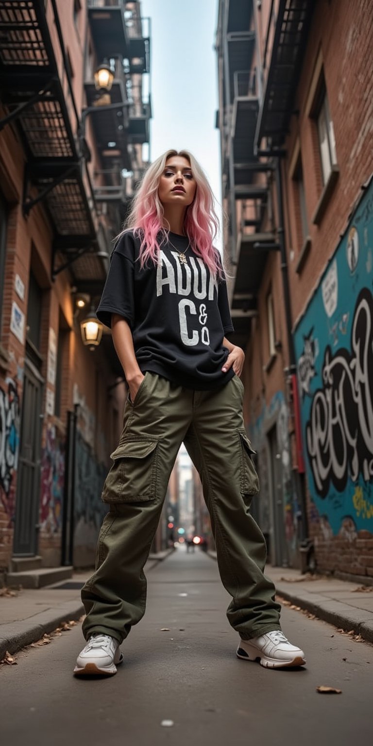 A stunning beautifull woman with a streetwear style, posing confidently dynamic pose in an urban alleyway. She is wearing baggy cargo pants, an black oversized graphic text helvetica fonts "ADUK & CO" tee, and sneakers, with her gradient white and pink hair. The alley is covered in graffiti, and there are industrial elements like metal fire escapes and brick walls. The camera uses a low-angle shot with a 35mm lens, giving her a powerful, commanding presence in the frame. The lighting is a mix of natural and artificial light from street lamps, casting dramatic shadows and highlights. The image is in 4K resolution, with sharp focus on the textures of the graffiti and the boldness of her outfit, ek_ph0t0_b00ster