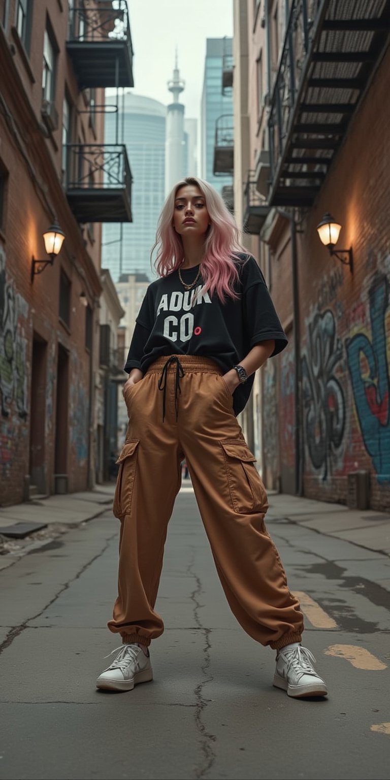 A stunning beautifull woman with hijab a streetwear style, posing confidently dynamic pose in an urban alleyway. She is wearing long baggy cargo pants, an black oversized graphic text helvetica fonts "ADUK & CO" tee, and sneakers, with her gradient white and pink hair. The alley is covered in graffiti, and there are industrial elements like metal fire escapes and brick walls. The camera uses a low-angle shot with a 35mm lens, giving her a powerful, commanding presence in the frame. The lighting is a mix of natural and artificial light from street lamps, casting dramatic shadows and highlights. The image is in 4K resolution, with sharp focus on the textures of the graffiti and the boldness of her outfit, ek_ph0t0_b00ster