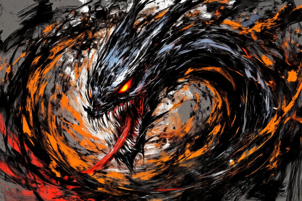 A dynamic brushstroke painting of a Venom symbiote's portrait, showcasing its sharp teeth and serpentine tongue. The symbiote's muscular features are highlighted by dramatic lighting, creating a strong contrast against the dark, abstract background with swirling shadows. The deep black and blue hues dominate the scene, with fluid and rough textures that convey the organic, shifting nature of the symbiote. The spotlight illuminates the face, capturing the sinister expression with precise, detailed strokes, resulting in a masterpiece that exudes intensity and power,WildfireFury,BrushstrokeSymphony