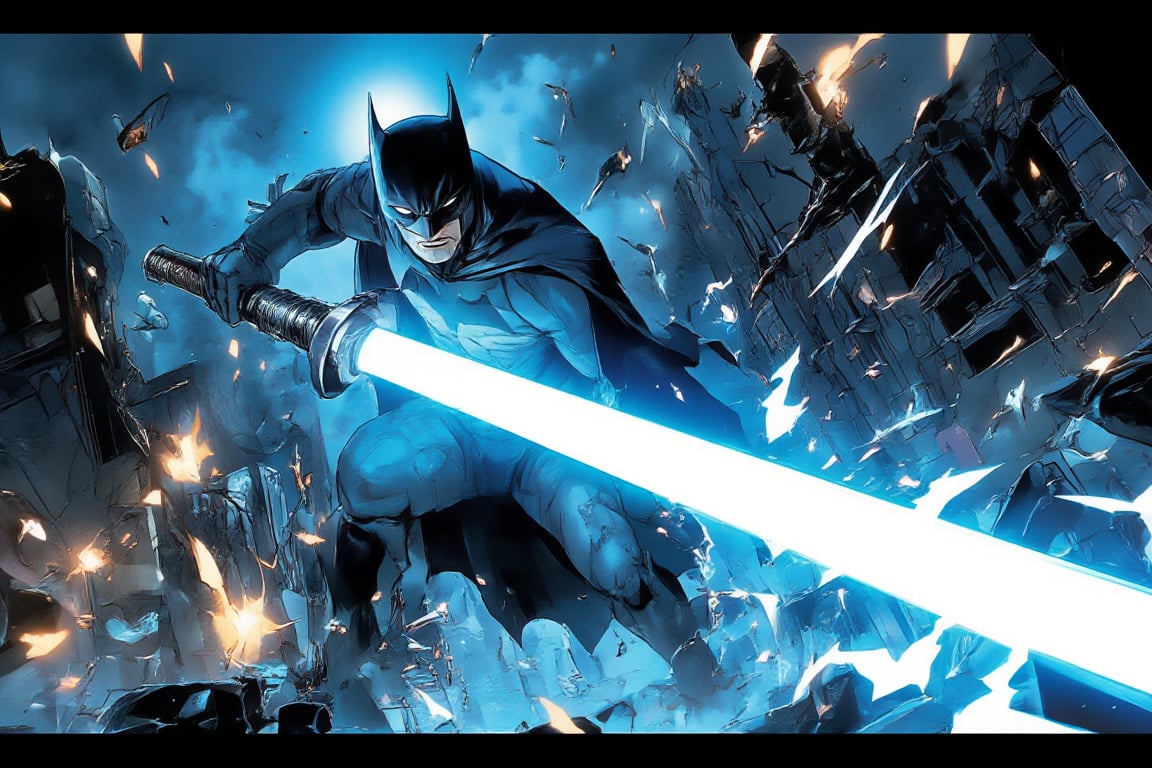 Batman with a glowing blue lightsaber slashing through a villain-infested alleyway at midnight, designed as a bold manga cover. The scene is captured from a low-angle, dynamic shot, highlighting Batman’s fierce pose. Sharp neon streetlights create dramatic highlights on the saber’s bright blade, with energy crackling around it, emphasizing the intensity of the strike. The background features skyscrapers fading into darkness, all blurred to focus on Batman’s motion. The stormy, cloud-filled sky enhances the overall menacing atmosphere.
(1.6-1) d S = δ Q rev T::[0.7] Batman::[0.3] Villains --s intense manga style
,Lightsaberpose,MangaCover,niji style