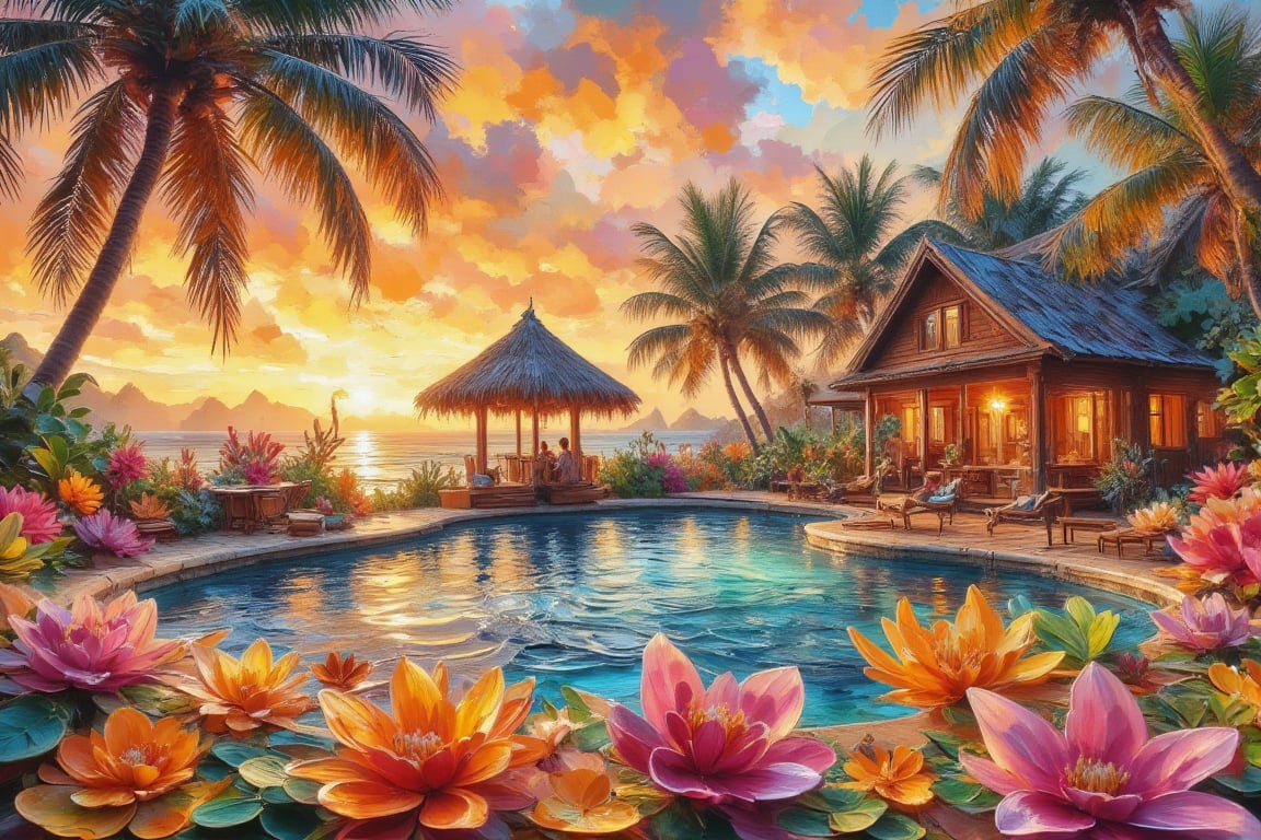 A rustic cabin homestay with vibrant pool festivities unfolding amidst tropical flora at sunset. The scene is captured from a ground-level perspective, highlighting splashes of water. Golden sunlight creates shimmering highlights on the cabin's surface, with shadows emphasizing the dynamic energy. The background features towering palm trees, all blurred to accentuate the cabin's movement. The fiery sunset sky enhances the overall cheerful ambiance.

(1.6-1) dS = δQ_rev/T ::0.6 rustic cabin homestay::0.4 pool festivities --s palette knife impasto papercut art, PaletteKnifeImpasto,PapercutArt