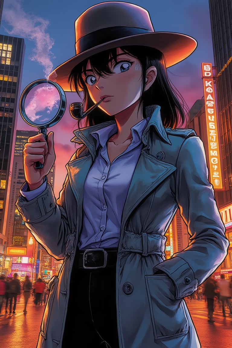 A female detective smoking a pipe, standing confidently with a magnifying glass in hand, manga cover style. She wears a trench coat and fedora, with a serious expression. The background features a cityscape at dusk, with neon lights and shadows. The lighting is dramatic, highlighting her silhouette against the urban backdrop. The composition is dynamic, with her pose exuding intelligence and determination. Detective Conan manga cover style, vibrant colors and sharp lines.