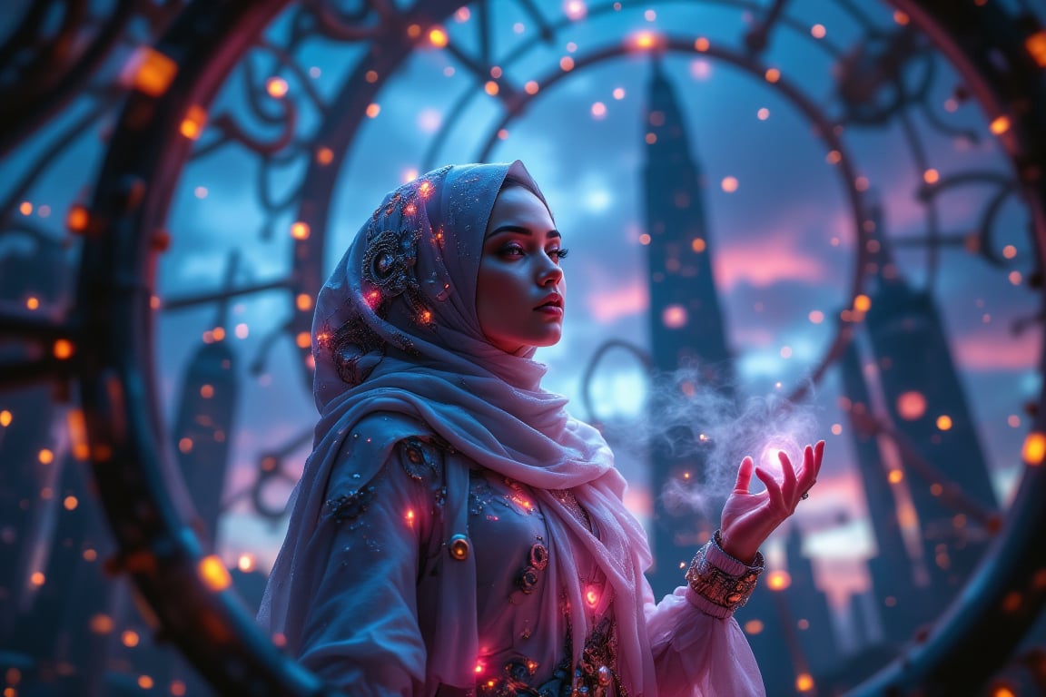 A futuristic hijabi steampunk woman with neon decorations gazes through intricate clockworks at twilight. The scene is captured from a close-up, low-angle shot, highlighting the luminescent patterns on her hijab. Soft neon lights create a glowing aura on the main subject's surface, with subtle steam emphasizing the mechanical elements. The background features blurred silhouettes of towering gears and machinery, all blurred to accentuate the main subject's movement. The dusky sky with neon-lit clouds enhances the overall atmosphere.

(1.6-1) d S = δ Q rev T::0.7 futuristic hijabi steampunk::0.3 neon clockworks --s cinematic,NeonHologram,SteampunkHijab,PrismKaleidoscope