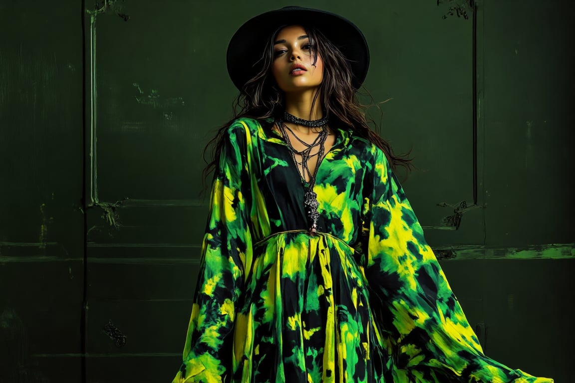 A stylish fashion photoshoot featuring a green and black noir aesthetic, with a bohemian tie-dye vibes fashion theme. The model is dressed in flowing garments adorned with intricate tie-dye patterns in deep green and black tones, blending earthy and mysterious hues. The fabric has a soft, organic texture, adding to the free-spirited bohemian feel. The setting is minimalist with a dark, moody backdrop that emphasizes the vibrant green patterns against the black, creating a dramatic contrast. Soft, directional lighting highlights the folds of the fabric and the contours of the model’s pose, casting subtle shadows that enhance the noir atmosphere. The model’s relaxed, confident expression complements the artistic and carefree nature of the bohemian style, while the green-black palette adds a touch of sophistication and edge. The overall scene combines boho elegance with a striking, noir-inspired visual appeal.,CitrusShadow,VibrantGroove