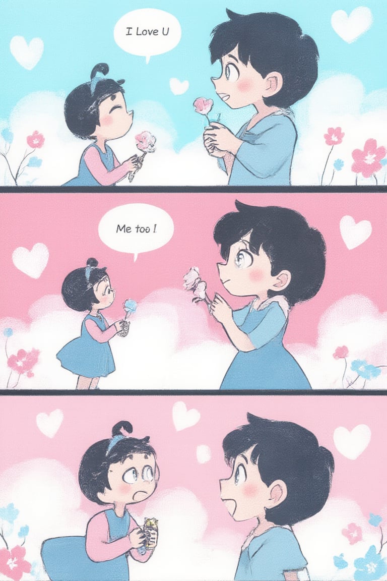 A 2D whimsical, cute manga consisting of 3-4 panels. In the first panel, a shy boy with soft, round features is holding a small flower, nervously preparing to give it to a girl. The second panel shows the boy blushing as he hands the flower to the girl, with a dialogue bubble above him saying, "I Love U." The third panel captures the girl's surprise, her large, expressive eyes widening, followed by a gentle smile. In the final panel, the girl blushes and softly replies with a dialogue bubble that says, "Me too." The background is simple, featuring soft pastel colors, hearts, and flowers floating around them, creating a sweet and romantic atmosphere. The style is light, playful, and filled with heartwarming emotion, perfect for a romantic confession scene.,MangaPanel,cinematic dramatic color style,BlueDreams