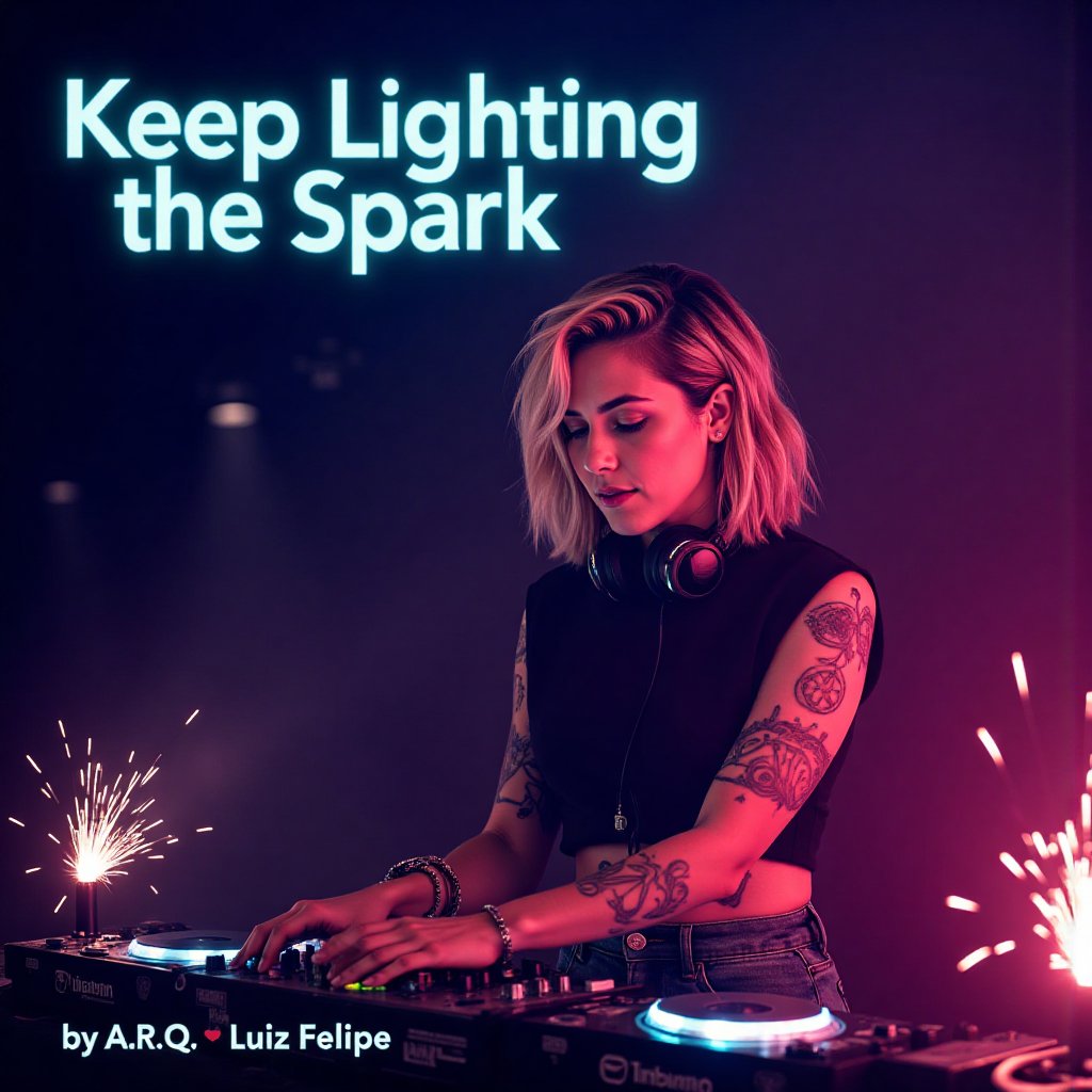 A stunning cover art for an EDM track. The title "Keep Lighting the Spark" appears at the top, with "by A.R.Q. Luiz Felipe" at the bottom and, in smaller text, "Remix from 'Love again' by Timbaland." The image faces and focuses on a photorealistic female DJ with medium-short beach-wavy hair in ash blonde-pink tones, visible freckles, and tattoos on her arms, adding character and style. She’s deeply immersed in the music, wearing high-quality headphones, and performing passionately with her gaze intensely focused on the decks. Dramatic lighting in rich RGB hues (blue, red, and green) enhances the scene, casting spark-like highlights around her and creating a dynamic effect of sparks emanating from the DJ deck and speakers, adding energy and movement. The background has a dark, live-set atmosphere with a faint bokeh effect to suggest an audience, amplifying the performance's intensity. Text placement balances the composition, ensuring the title and credits are legible while blending into the moody, vibrant scene.,aidmatextimprover