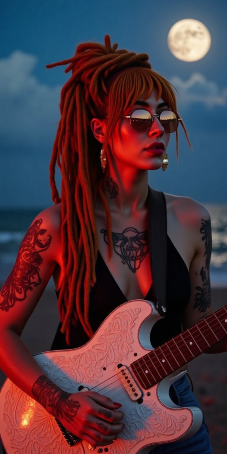 Dynamic full body shot of a young,  stylish woman with cooper orange dreadlocks hair tied into a loose bun,  with normal h...