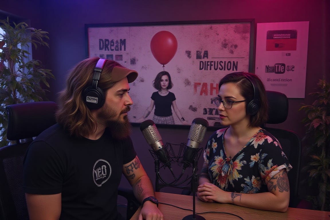 realistic and very detailed wide shot of two podcast hosts, a man named Roberto, and a gorgeous woman named Camila, with dramatic lighting. in a recording studio. The studio is super detailed, with indirect RGB lighting and a youtube reaward plaque on the side wall, plants, and great modern design. On the wall behind them, there is the logo of the podcast "DesignCast". they are seated on a table, wearing headphones and with microphones in front of them. the man, a handsome 40-year-old, long-bearded funny dude, with green eyes, good shape, a tattoo on his upper right arm, two small circular black earrings in his left earlobe, black tee shirt, a brown cap, very short black hair, almost buzz cut. The woman is extremely beautiful, top model looking, around 20 years old, with short black hair shoulder height, brown eyes, glasses, has an oval-shaped and very cute angelic face, she has looks of native American heritage mixed with white Caucasian and Brazilian, looking fashionista, colorful, wearing designer clothing with a thin fabric, tattoos in her arm and lower neck,Didomenico,aidmatextimprover,“Photo of a wall in the city. On the wall  we see detailed graffiti with a girl holing a red balloon in the style of Banksy, the graffiti text reads "DREAM DIFFUSION FLUX".”