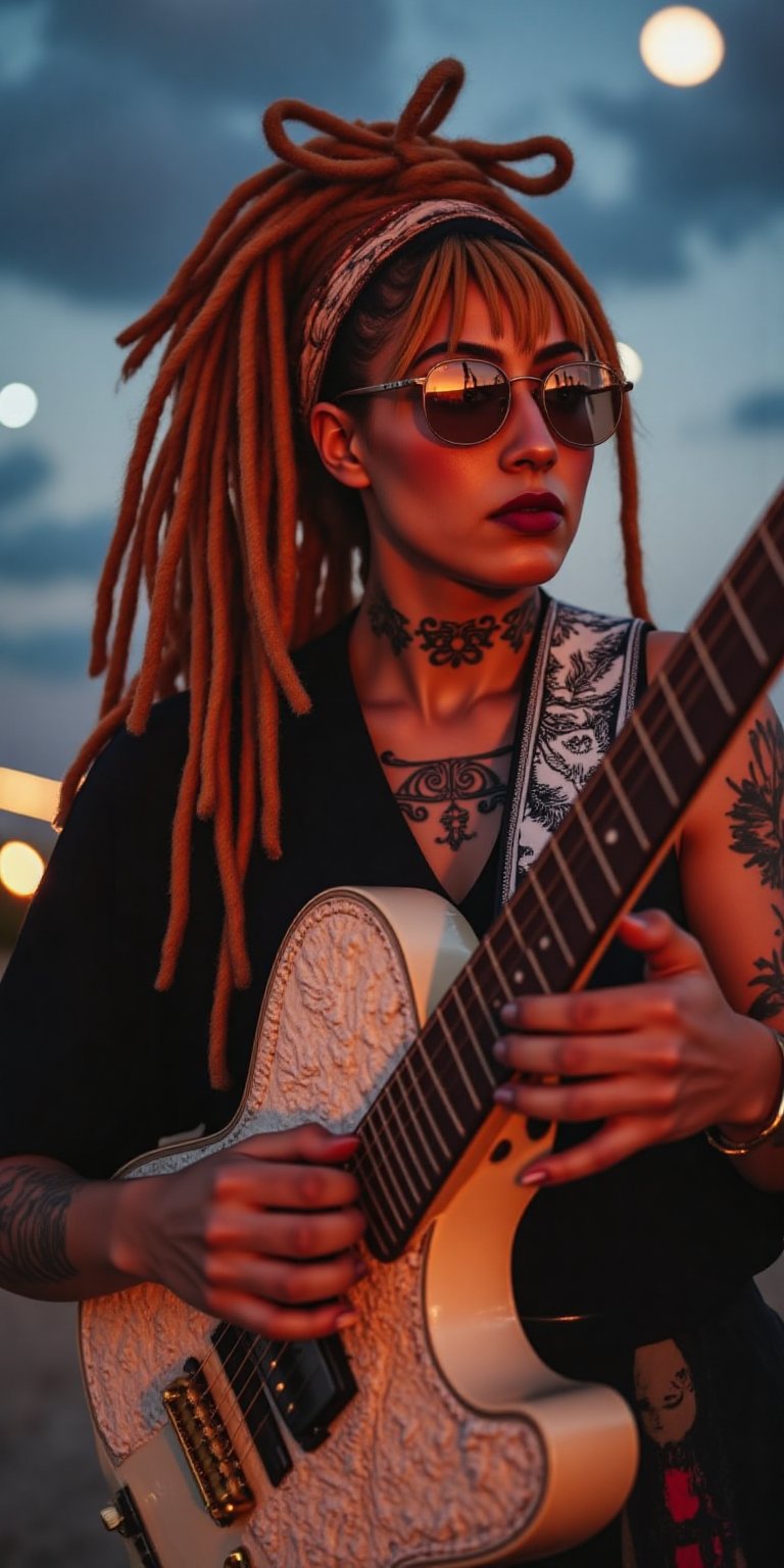Dynamic full body shot of a young,  stylish woman with cooper orange dreadlocks hair tied into a loose bun,  with normal h...