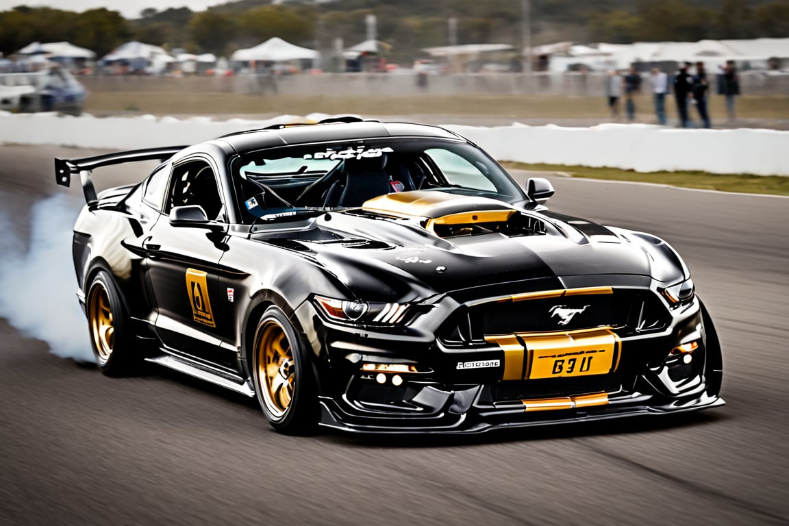 60s Ford Mustang Mk. II,  Initiating a drift, rear wheels smoking, black with gold stripes with american flag in gold on door, 60's style racing setup, 60's photo, mid day, drift track, 60's wheels, sidways, motion blur behind car, sense of speed, super quality, score_9, perfect image,aidmatextimprover,realism