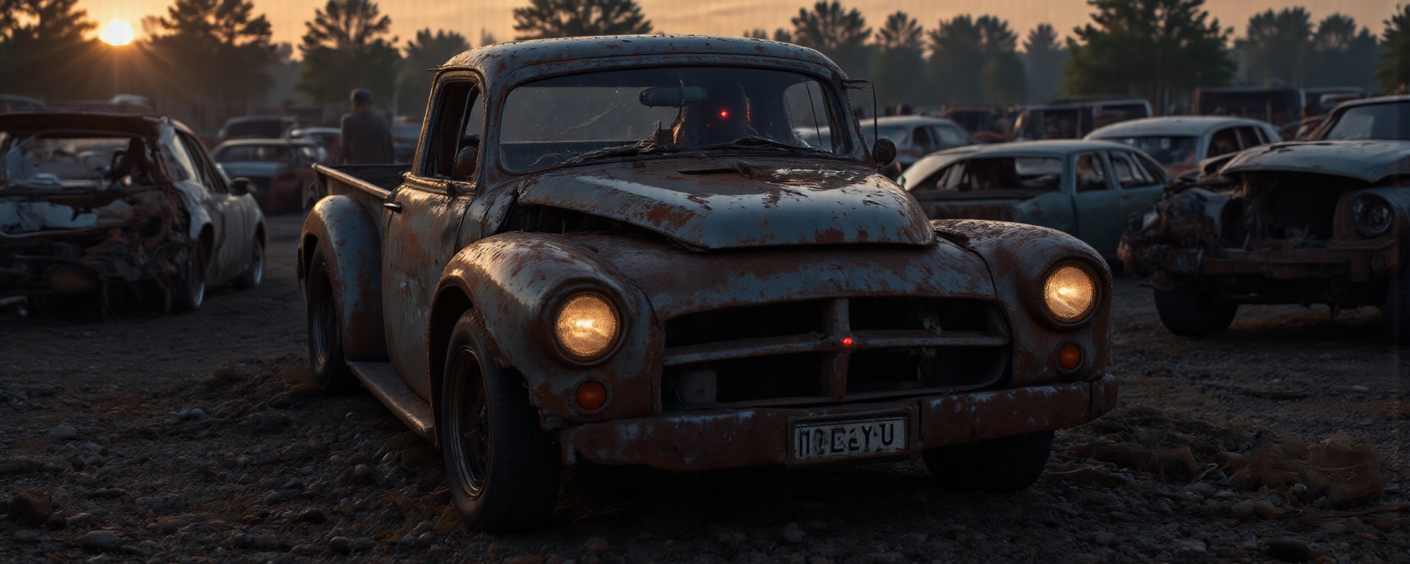 Sundown at a haunted junkyard, junkyard, ((demolished cars in background)) very rusty Half destroyed 1950s pickup truck, cracked windshield, horror, scary, spooky, haunted mangled bumper, car with a heavily dilapidated exterior, extremely rusty, several body panels missing. (one headlight glowing dimly) casting an eerie light onto the gravel below. The car’s front grille is missing, and its tires are slightly deflated. In the driver's seat, barely visible through the grimy, cracked windshield, is a semi transparent shadowy figure with red eyes and indistinguishable features, creating an ominous and unsettling presence. The License plate has the text:"1S3EYU" on an american style plate.,aidmatextimprover (Rusty Car falling apart:1.5) (one working light:1.5)