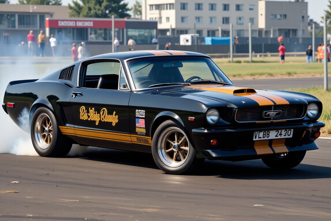 60s Ford Mustang Mk. II,  Initiating a drift, rear wheels smoking, black with gold stripes with american flag in gold on door, 60's style racing setup, 60's photo, mid day, drift track, 60's wheels, sidways, motion blur behind car, sense of speed, super quality, score_9, perfect image,aidmatextimprover