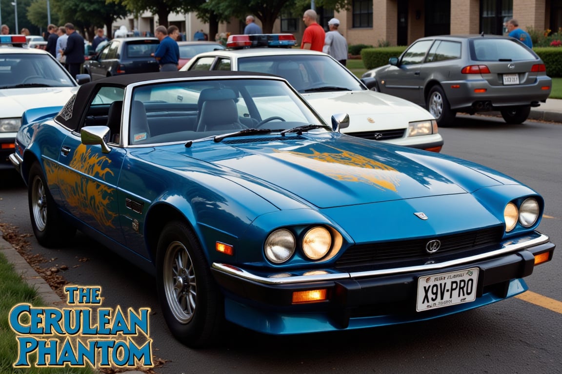 (80s),  (Movie-like Photo),  (cinematic) A Cerulean Blue painted 1983 Jaguar XJS with a BullBar by The Unknown Idiot on Te...