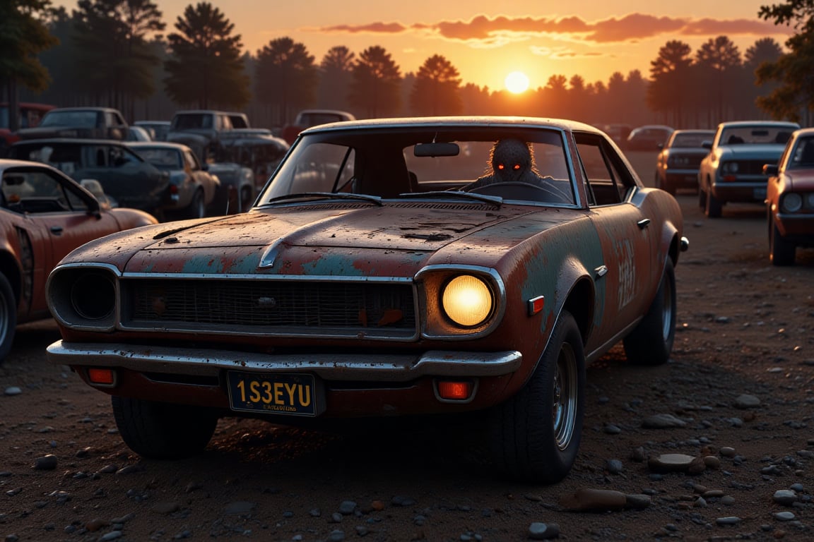 Sundown at a haunted junkyard, junkyard, demolished cars in background very rusty, Half destroyed 1960s Dodge  Challenger, vintage car, mangled bumper hanging off on one side,, with a heavily dilapidated exterior, extremely rusty, several body panels missing. (one headlight glowing dimly) casting an eerie light onto the gravel below. The car’s front grille is missing, and its tires are slightly deflated. In the driver's seat, barely visible through the grimy, cracked windshield, is a semi transparent shadowy figure with red eyes and indistinguishable features, creating an ominous and unsettling presence. The License plate has the text:"1S3EYU" on an american style plate.,aidmatextimprover (Rusty Car falling apart:1.5) (1 working light:1.5)