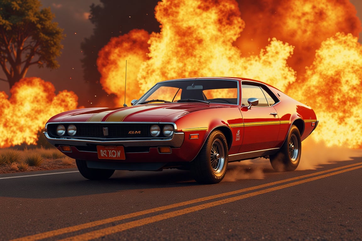 A Red and Gold 1968 AMC GMX driving away from a large firey explosion, vibrant paint colors, red base color with golden striping, Gold pinstripes, smoking tires, epic scene, something out of an anction movie, sick, 60s with a mix of 70s, flashy scene, high details, 4K