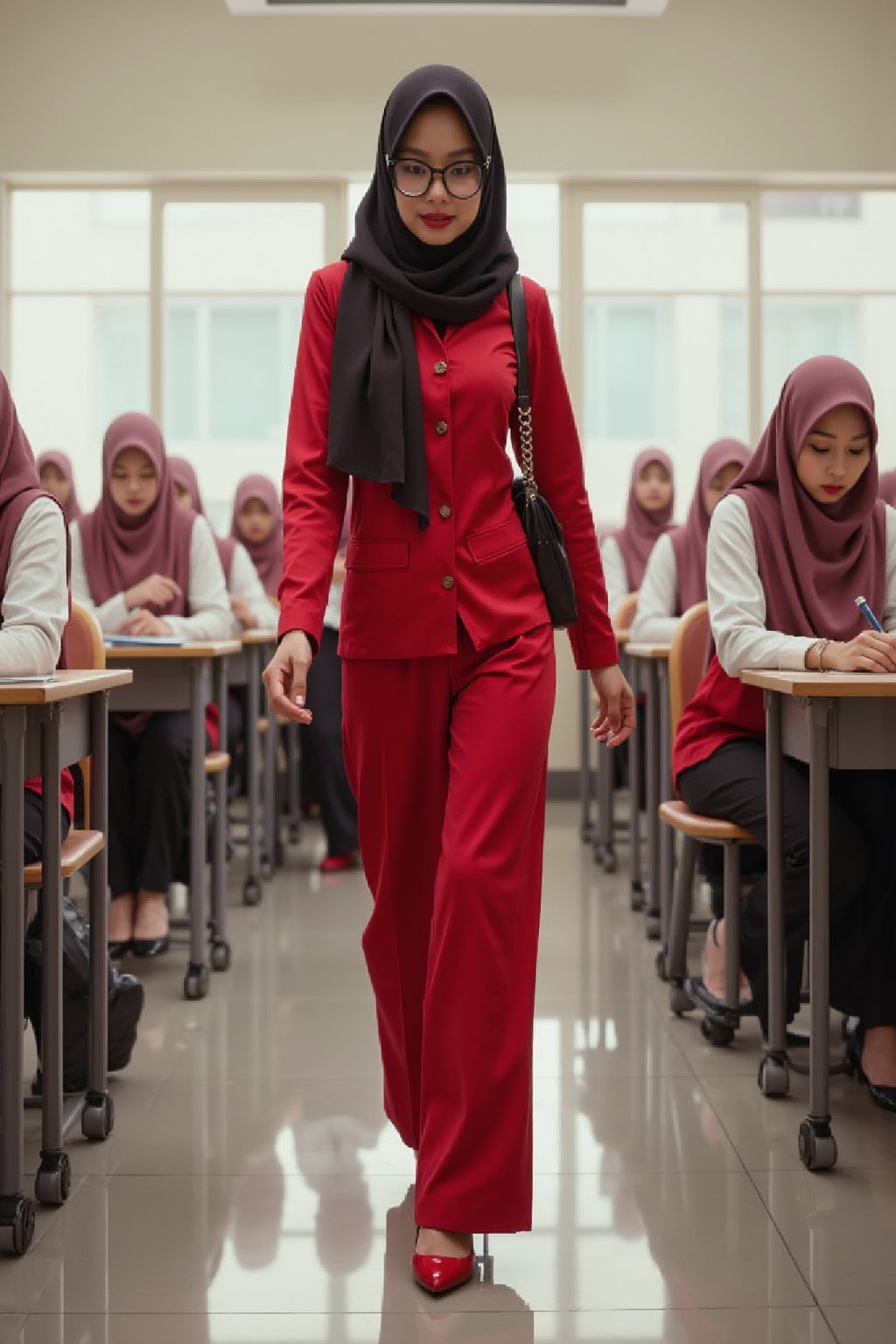 realistic, detailed, malay female teacher,beautiful wear hijab, slim body,large chest,long legs glasses,wearing red kebaya,stiletto heels, bending down to pick up something off the floor in classroom,WES ANDERSON STYLE, LEAF MONSTERA,ROUND TABLE, aesthetic living room space share with kitchen and dining space, compact space with long layout