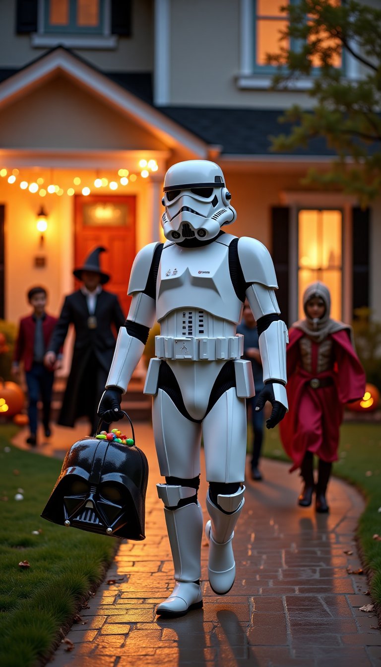 A Star Wars stormtrooper, in full white armor, walks through a suburban neighborhood on Halloween night, going trick-or-treating. Instead of a traditional pumpkin, the trooper carries Darth Vader’s helmet, repurposed as a candy bucket, its dark, glossy surface filled to the brim with colorful sweets. The stormtrooper’s helmet is slightly tilted, giving him a playful, almost mischievous look as he approaches a house decorated with cobwebs, glowing jack-o'-lanterns, and flickering lights. The eerie glow from nearby porch lights reflects off his armor, creating a striking contrast between his futuristic, pristine appearance and the festive, spooky atmosphere around him. Kids in various costumes—witches, ghosts, and superheroes—run around, but the stormtrooper stands out as he proudly lifts the Darth Vader helmet, ready for more candy.,VNS_Add more details