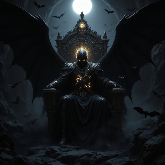 In a dark and gloomy cave, dimly lit my moonlight from above, a humanoid vampyric bat, sits upon a throne as king.  its crown is ancient and gothic, black wings protrude from its back.  Other normal size bats fly around the thrine and king, paying homage to its might and majesty., photorealistic