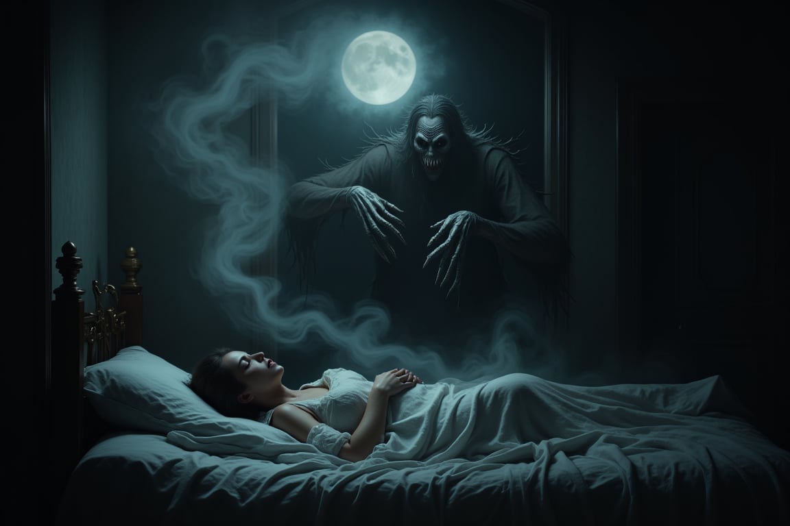 A malicious spirit hovers menacingly over the bed of a young woman, who lies sleeping under a dim, moonlit room. The spectral figure has a twisted, translucent form with elongated, bony fingers that are slowly reaching toward her throat. Its face is a shadowy void, yet faint, malicious eyes gleam with cruel intent. Wisps of dark mist trail from its body, swirling in the air above her. The woman's expression is serene, completely unaware of the impending danger. The room is silent, save for the faint hum of the night air, as the spirit inches closer, its ghostly hands poised to grasp her throat. The atmosphere is thick with dread, as the spirit’s malevolent energy seems to distort the space around it.,aidmafluxpro1.1