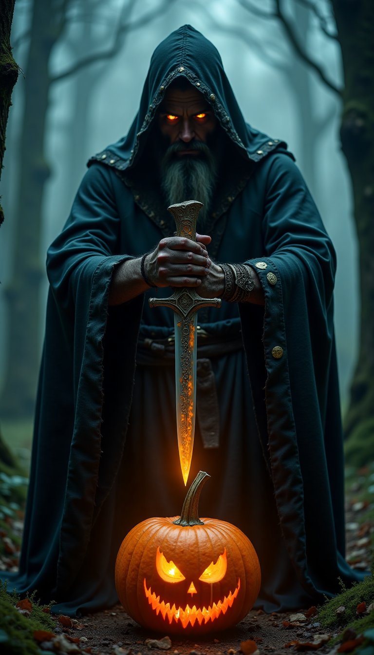 Against a dark, misty night sky, a hooded warlock stands, yellow eyes glowing like embers under the worn fabric. He grasps a ceremonial dagger with both hands, the pointed end poised to strike downward toward a distressed pumpkin, its face contorted in fear. Pumpkin juice drips from the blade, illuminating the eerie atmosphere. In this photorealistic scene, the warlock's twisted ritual is about to claim the pumpkin as its sacrifice.,VNS_Add more details