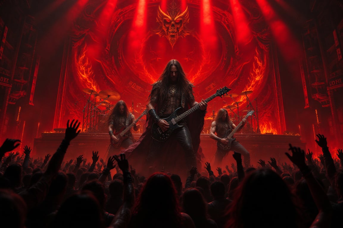 Death metal chaos erupts on a massive stage, bathed in intense red and black lighting that casts ominous shadows on the musicians. The lead vocalist, clad in leather and spikes, unleashes raw fury into the microphone, sweat pouring down his face as veins bulge with effort. Guitarist shreds brutal riffs on a black guitar adorned with demonic symbols while bassist thrashes long hair amidst thunderous rhythm. Drummer pounds with precision behind a wall of double bass drums and cymbals. Behind them, flames and skulls backdrop fuels the menacing atmosphere. A thousand metalheads mosh and headbang in unison, devil horns raised, lost in primal energy as blast beats and growls shake the ground beneath their feet.,aidmafluxpro1.1