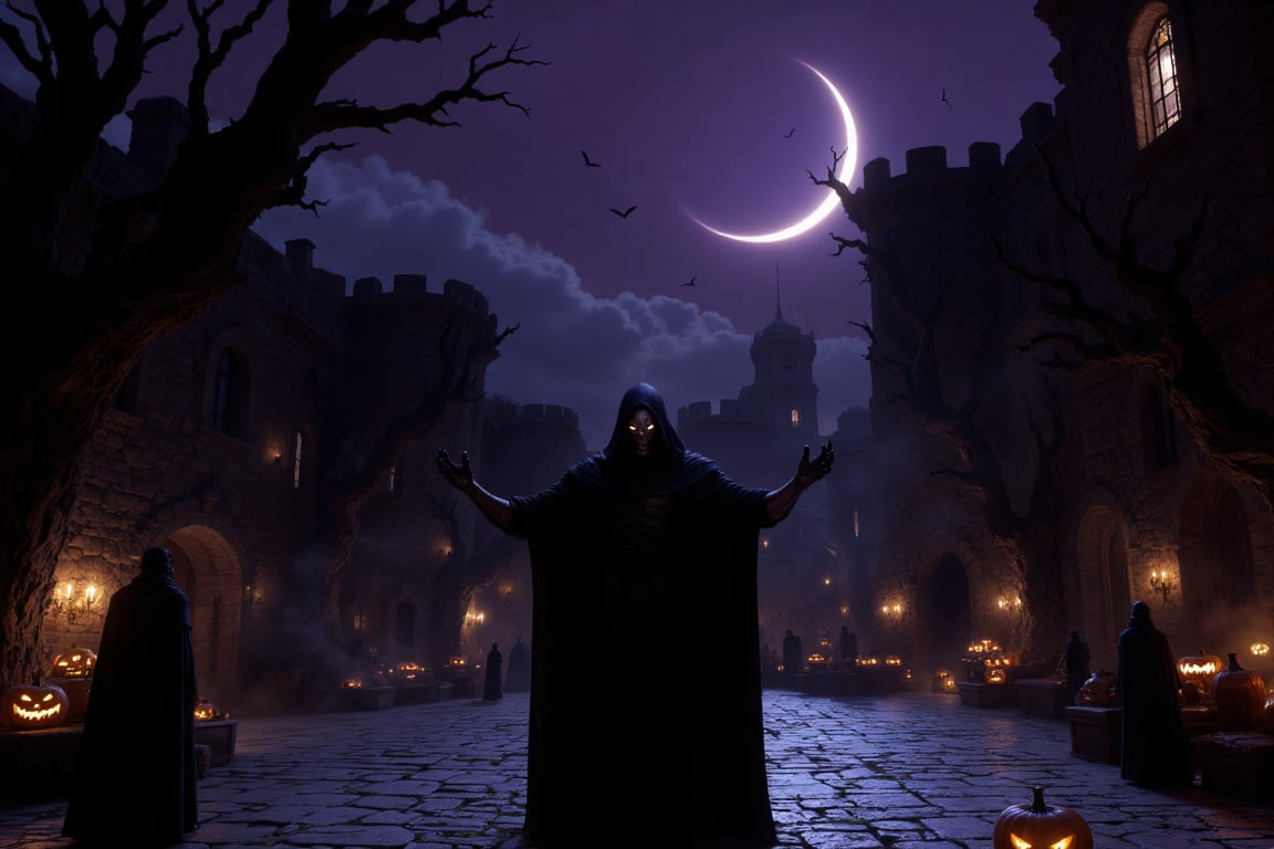 In a dimly lit, gothic town square on Halloween night, shadows creep across cobblestone streets lined with twisted, ancient trees. A cloaked figure with a skeletal face and intense eyes stands at the center, arms outstretched in eerie invitation, resembling a dark King Diamond. The sky is deep purple, with a crescent moon casting a ghostly glow over stone buildings with arched windows. Flickering jack-o'-lanterns illuminate the scene, their twisted grins adding to the unsettling atmosphere, while spectral figures drift between buildings, blending into the mist and deepening the haunting, mystical Halloween mood.,aidmafluxpro1.1