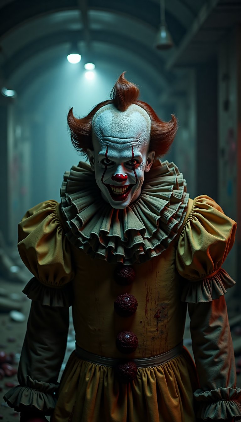 In a dimly lit, abandoned carnival, a twisted clown stands out against the desolate backdrop. A jagged smile, carved by a blade, stretches across its pale face, revealing razor-sharp teeth. Runny makeup and smeared paint distort the clown's features, while dark, vile eyes seem to pierce through the shadows. The air is heavy with an eerie atmosphere as the clown wears bloody human heads like a gruesome necklace, their vacant expressions a haunting reminder of the horror that lurks within.,VNS_Add more details