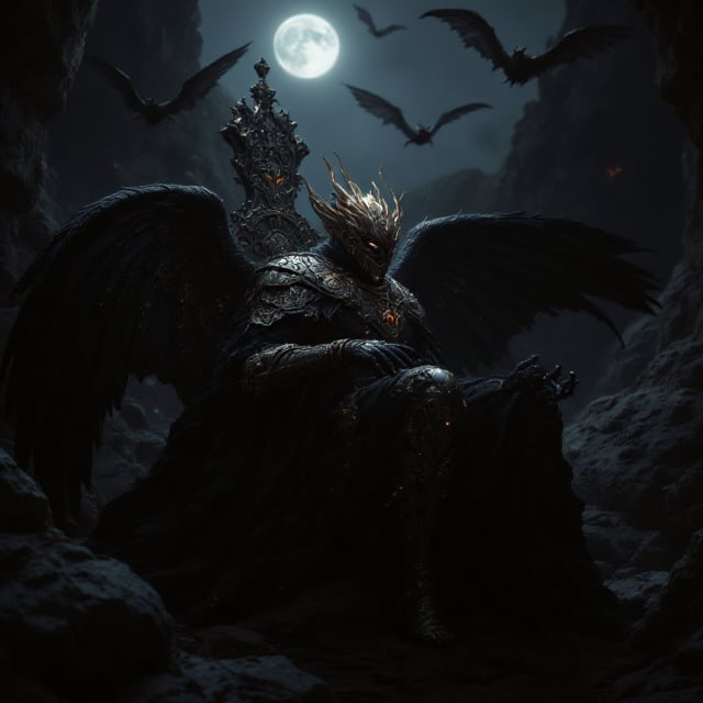 In a dark and gloomy cave, dimly lit my moonlight from above, a humanoid vampyric bat, sits upon a throne as king.  its crown is ancient and gothic, black wings protrude from its back.  Other normal size bats fly around the thrine and king, paying homage to its might and majesty., photorealistic