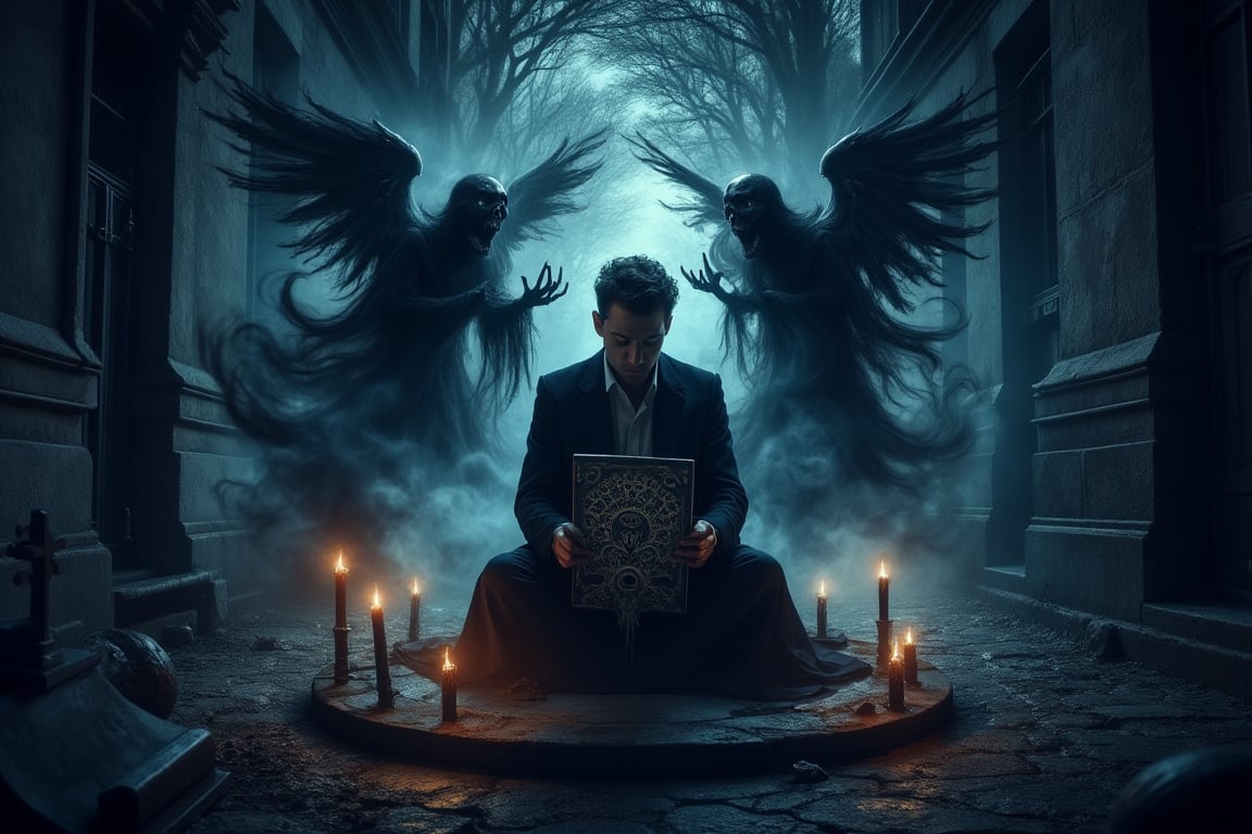 In an eerie, old gothic-style cemetery, a young man sits inside of a simple ceremonial circle of protection holding a spirit board in his lap to conjur the dead, he is surrounded by several lit black candles that emit an eerie glow. The towering stone angels and twisted, ancient trees loom ominously over him, casting long shadows in the dim evening light. Peering out of the dark around him are ominous disembodied spectral shapes and shadows., DarkAura