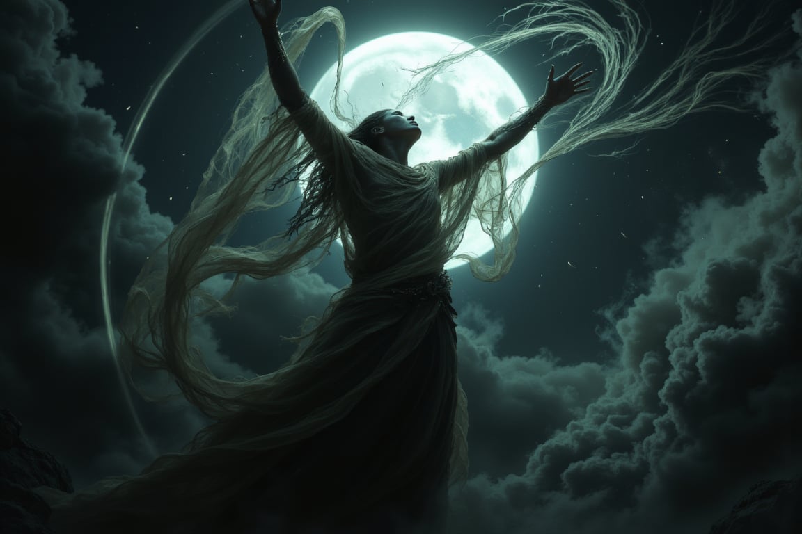 A powerful mature sorceress, FEMALE,  is summoning a great storm, arms are raised high above her head, wind twists and turns around her, wearing a see-through, translucent gown, full moon, eerie, dark, ominous, terrifying, ethereal, dreamy,aidmafluxpro1.1, photorealism